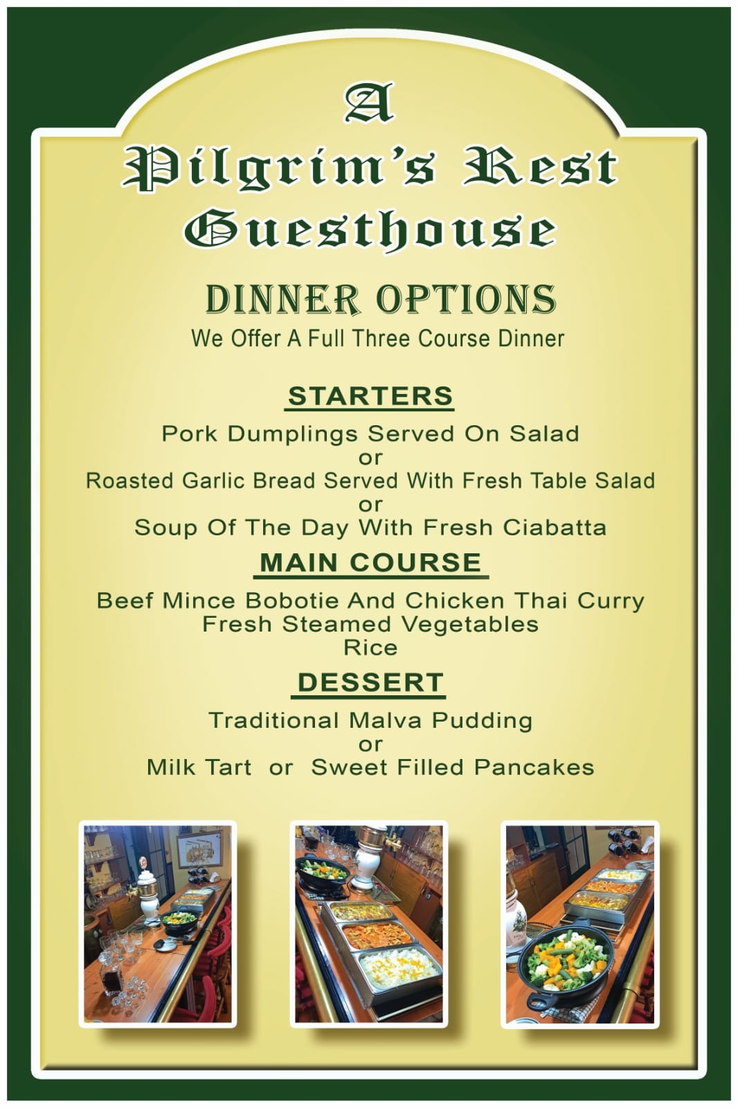 Dinner menu — three course meal including starters, mains, and dessert