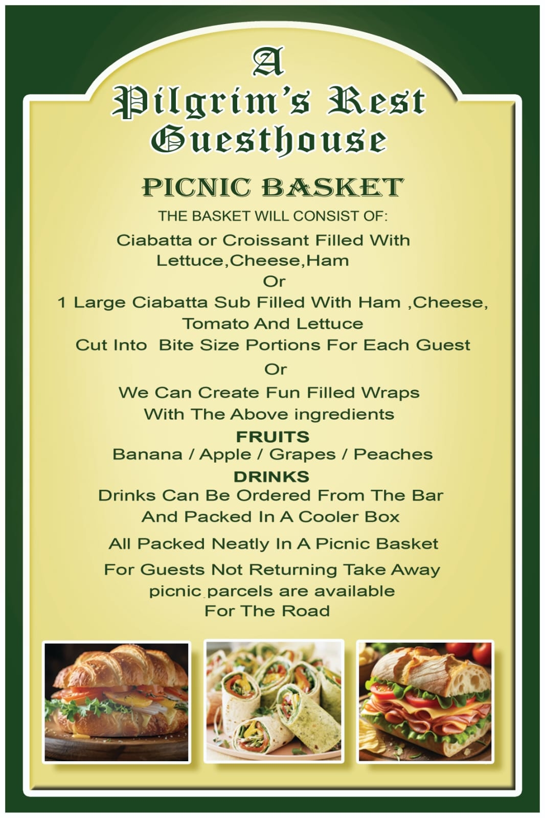 Picnic basket menu — sandwiches, wraps, fruit, and drinks